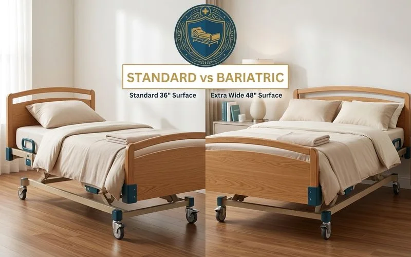 Side-by-side comparison of standard 36-inch hospital bed width versus extra-wide 48-inch bariatric bed showing the significant difference in sleep surface