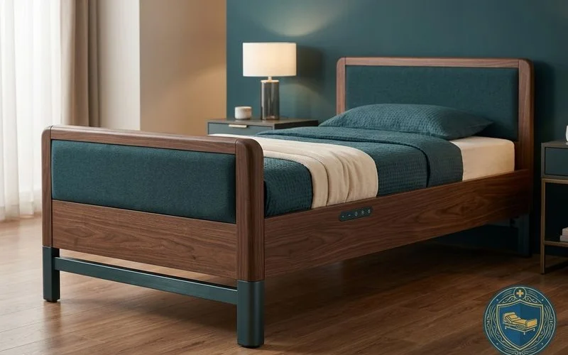 Side view of premium luxury hospital bed showing the furniture-grade wood finish headboard and hidden medical features blending with home decor