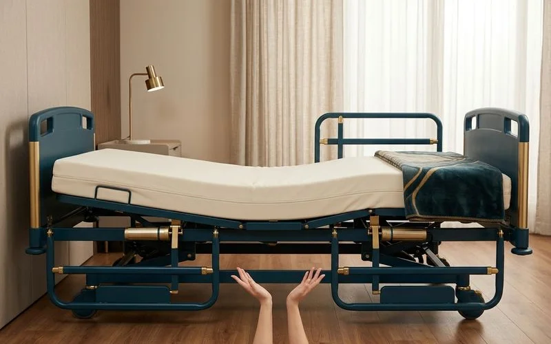 Split side rail safety system on a fully-electric hospital bed showing the easy entry and exit design for patient independence