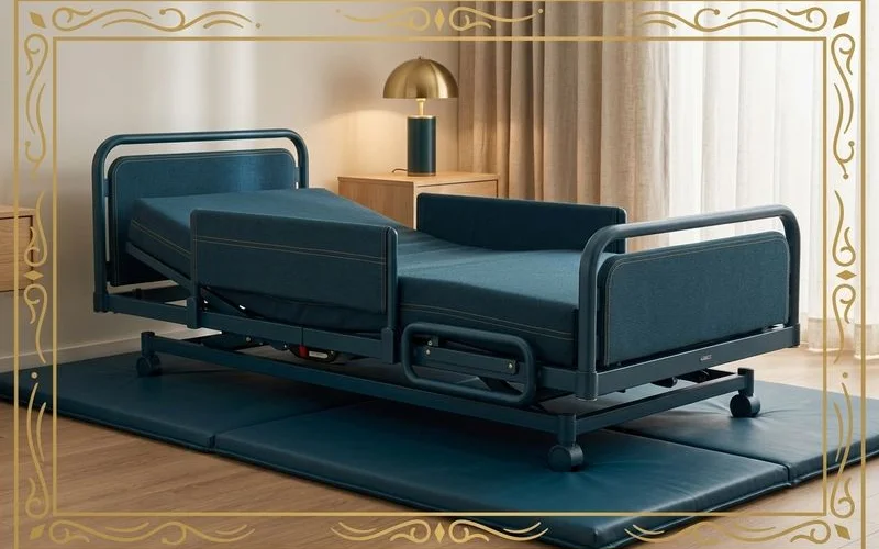 Ultra low hospital bed at floor-level positioning with padded safety mat placed alongside for maximum fall injury reduction in home setting