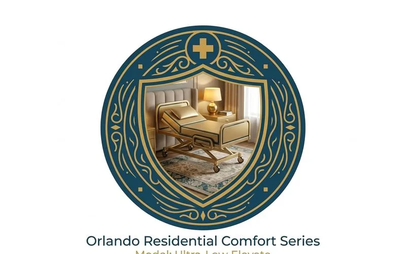 Ultra low hospital bed in a cozy Orlando home bedroom environment showing how the bed blends naturally into residential decor when raised